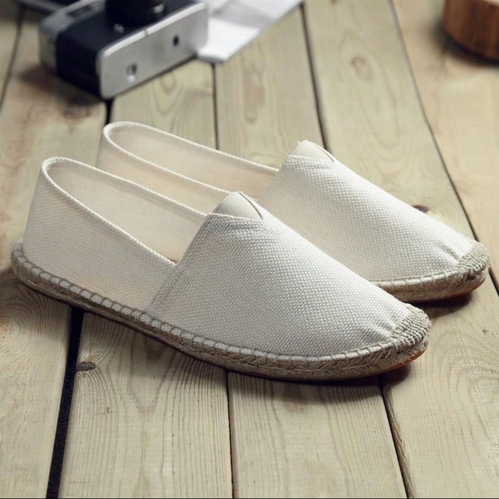 Men Espadrilles Canvas Loafers White, White Solid Color Woven Grass Shoes
